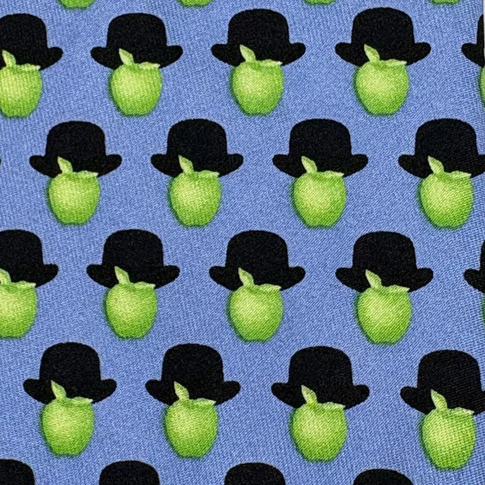 Josh Bach Apples & Hats 100% Silk Neck Tie Blue Whimsical Magritte-Inspired